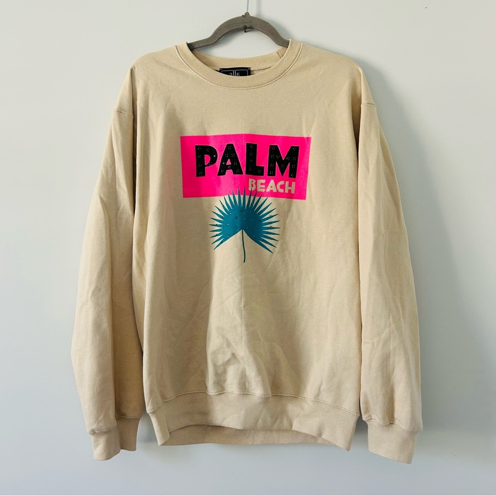 Alla Berman Palm Beach Boyfriend Crewneck Oversized Sweatshirt Bejeweled Tan S